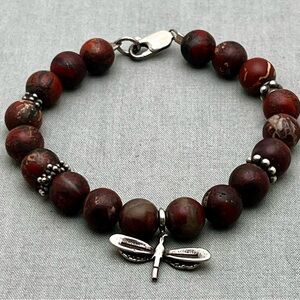 Sterling Silver 925 Red Jasper Beaded Bracelet Dragonfly Charm Boho Artisan